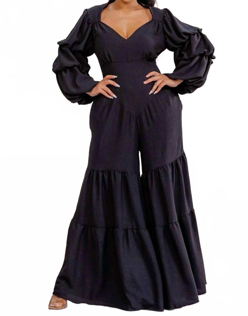 NEW KAREN T DESIGN cinched waist long sleeve jumpsuit in black